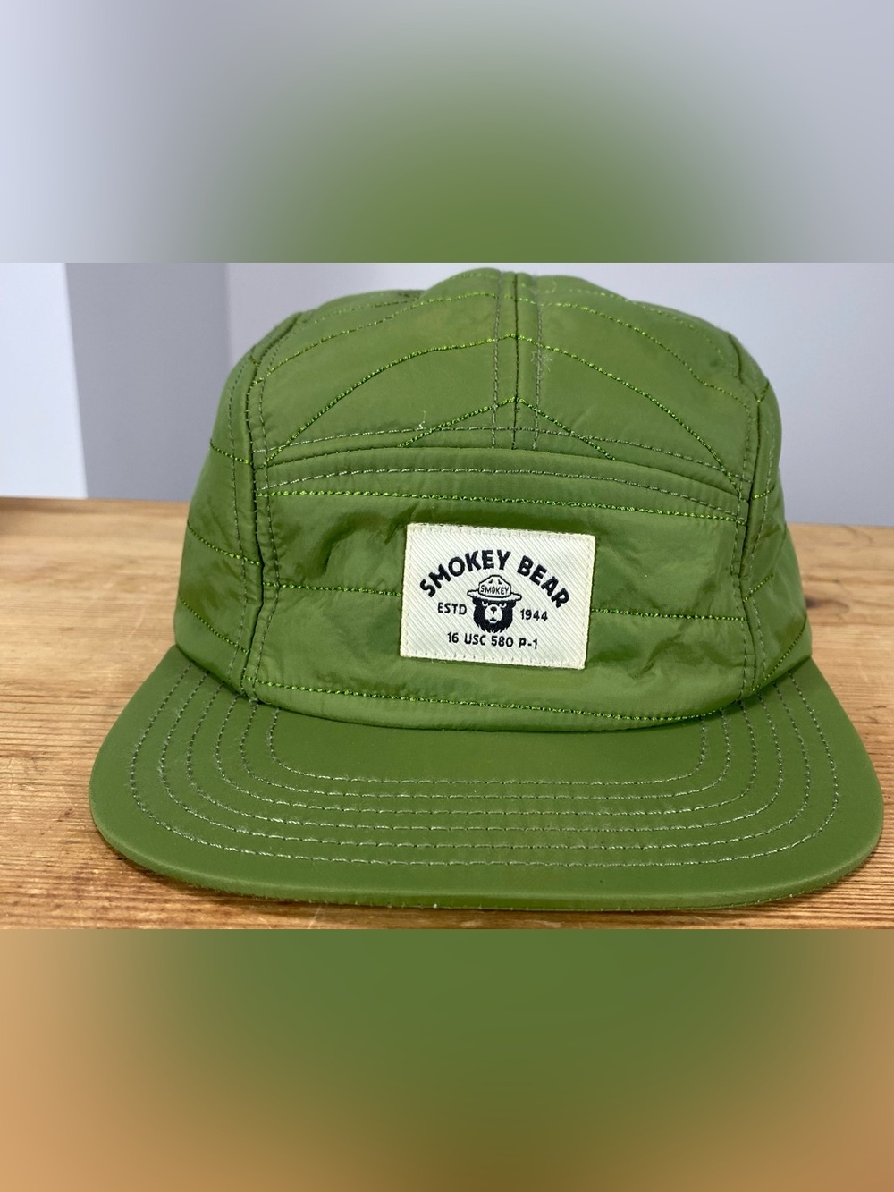Smokey Bear Quilted Nylon 5 Panel Camper Hat Olive Green Strapback Mad Engine